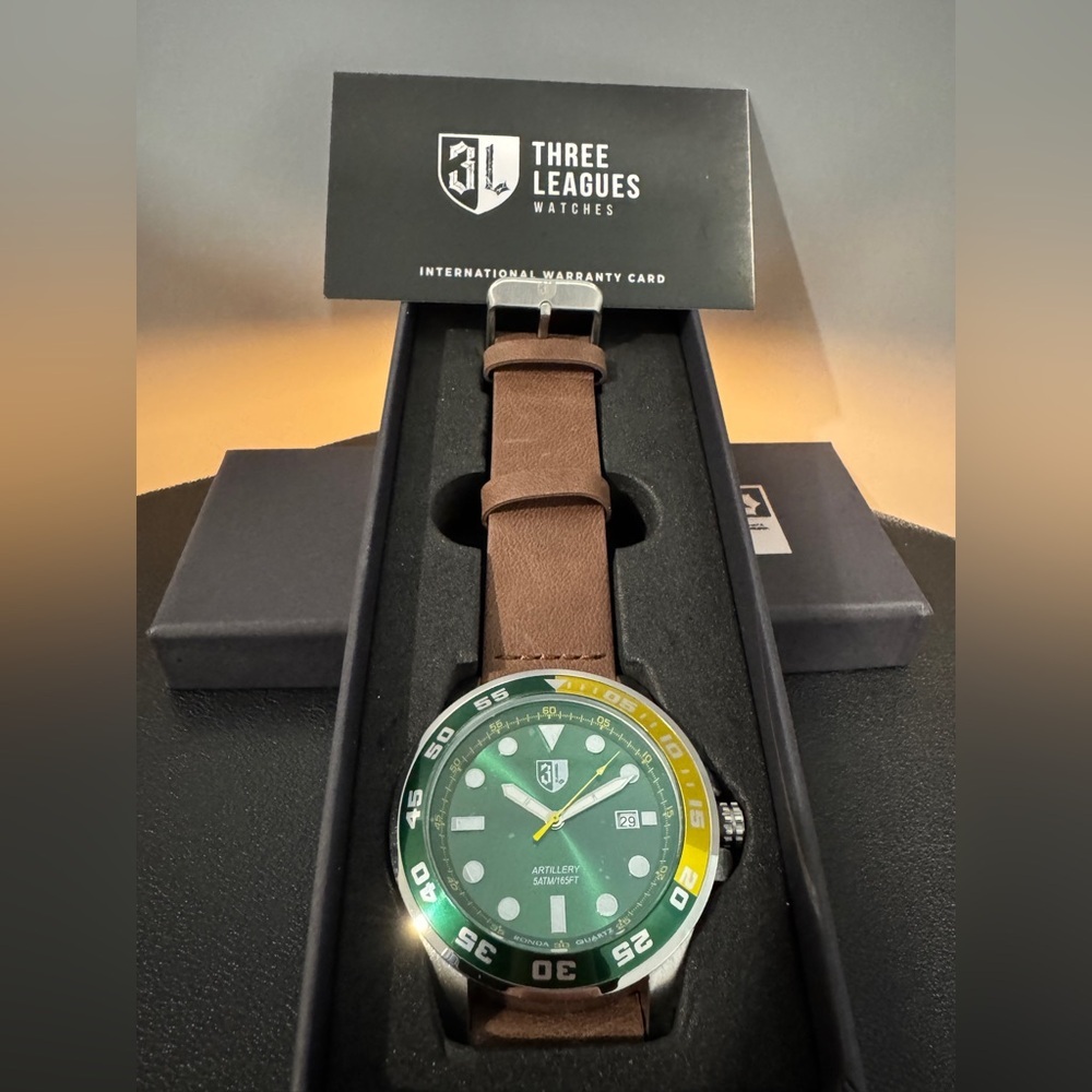 Three Leagues Artillery Green and Yellow Watch with Leather Strap - Picture 5 of 5